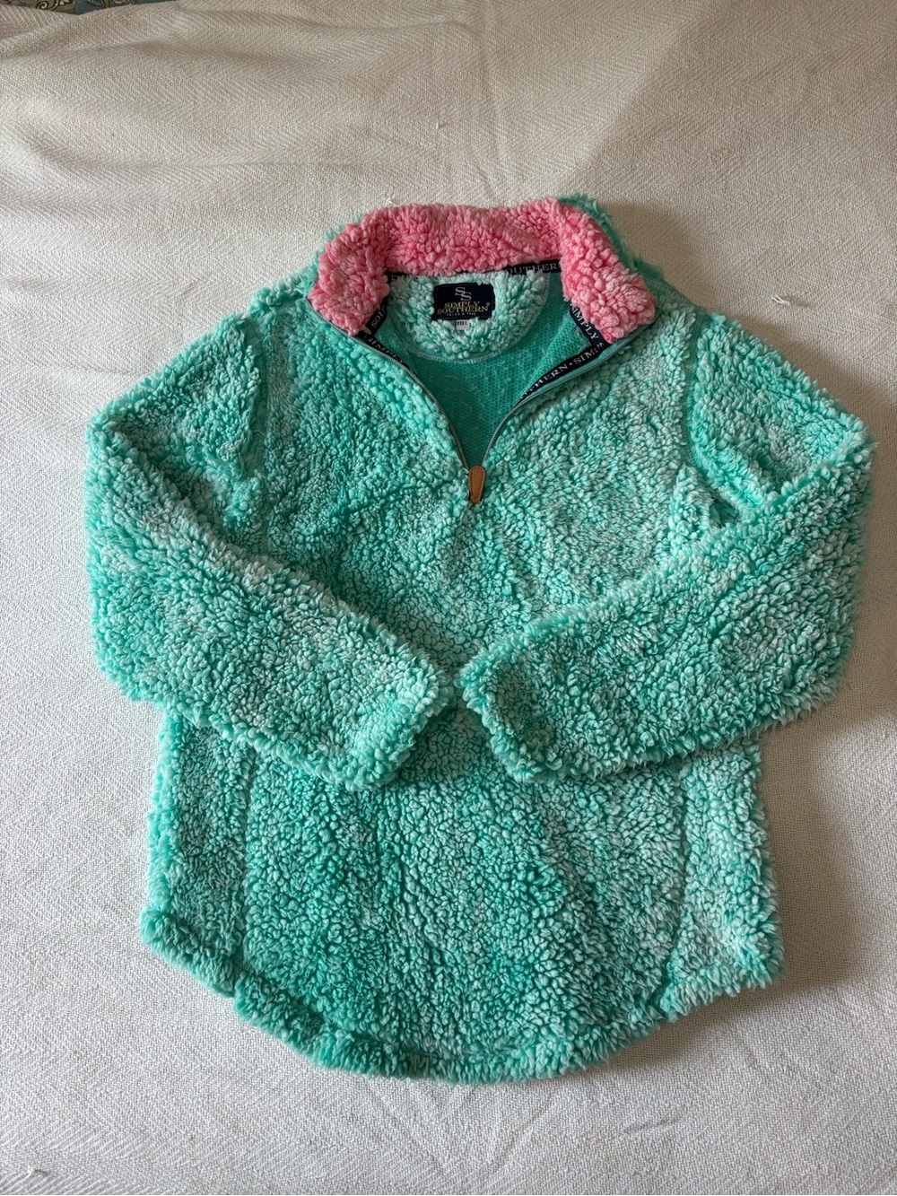 Simply Southern Mint Green Sherpa Pullover with Pink Collar Accent